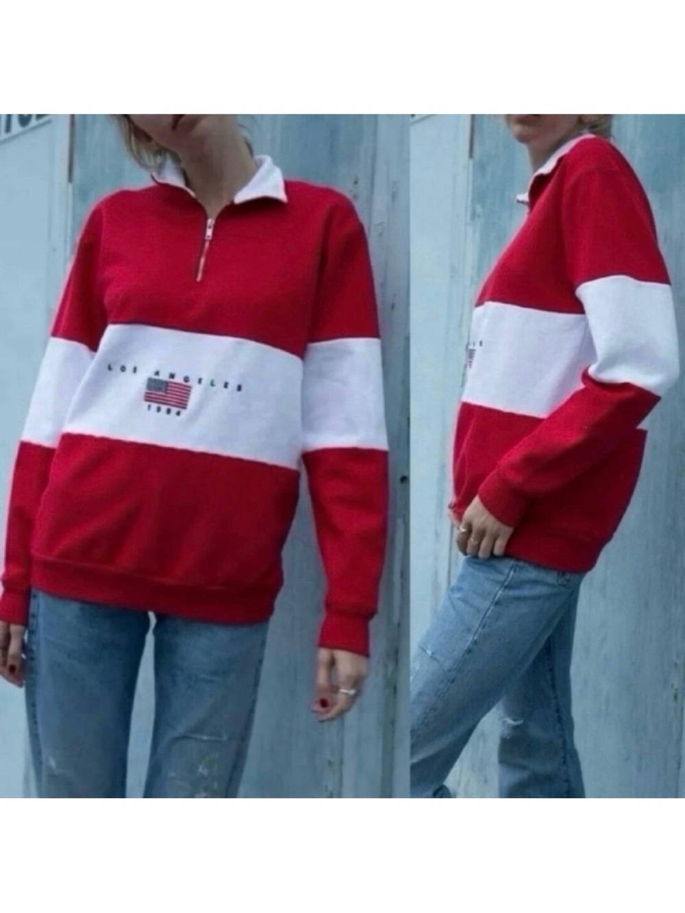 John Galt Colorblock Half Zip Red LA 1984 Casual Comfy Sweatshirt